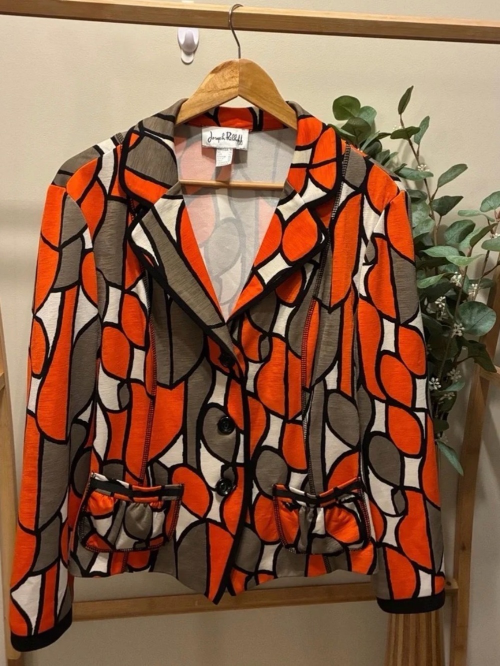 Joseph Ribkoff Orange, Taupe & Cream Graphic Print Blazer
